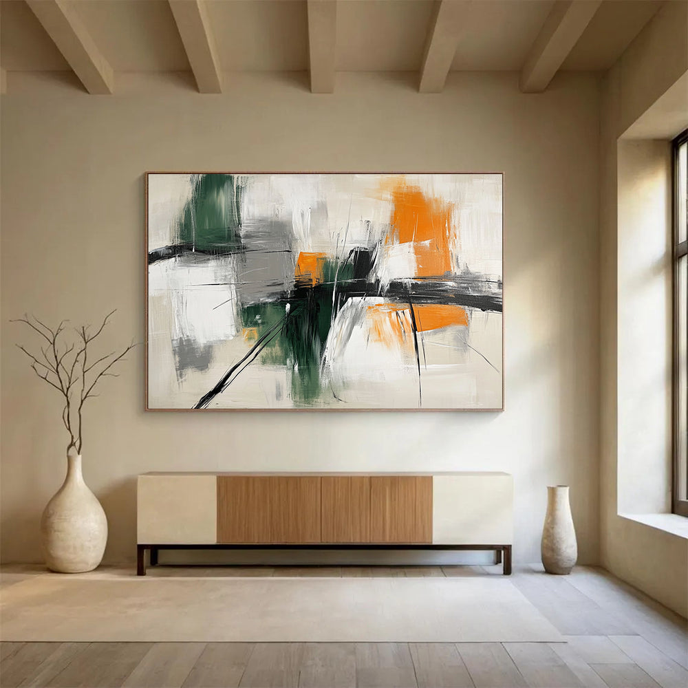 “Green and Orange Interplay” - Green, Orange, Gray, White, Abstract Strokes - Abstract Cubist - Inspired Acrylic Painting HB1552