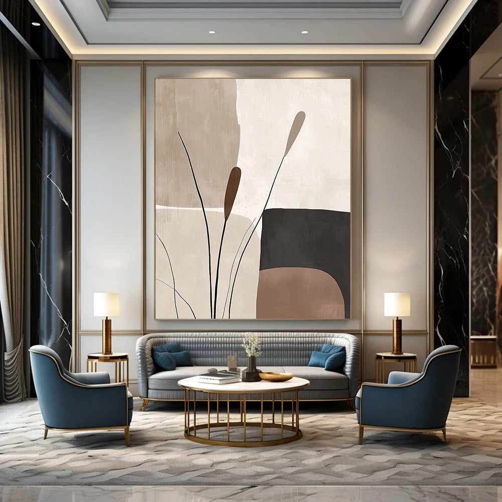 Contemporary abstract artworks feature organic forms in beige and brown tones offering a serene minimalist aesthetic with harmonious geometric patterns. DLZ0791