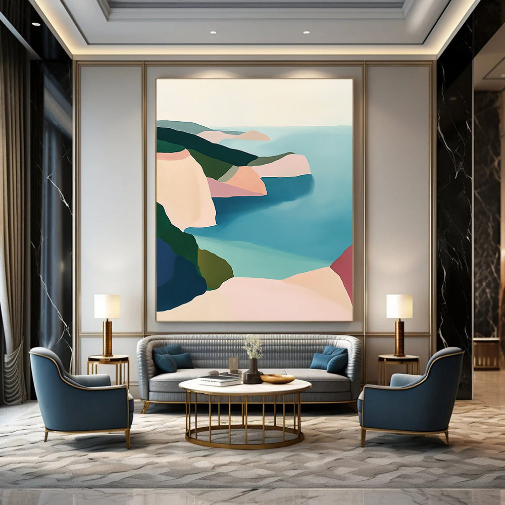 Contemporary abstract artwork featuring a serene coastal landscape with pastel cliffs and a calm sea in soothing green blue and pink tones. DLZ1457