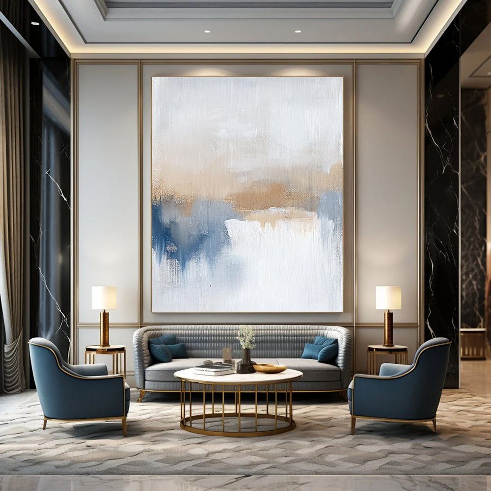 Contemporary large hand-painted abstract art featuring soothing beige and blue tones, evoking calming vibes of a serene sea horizon. DLZ0404