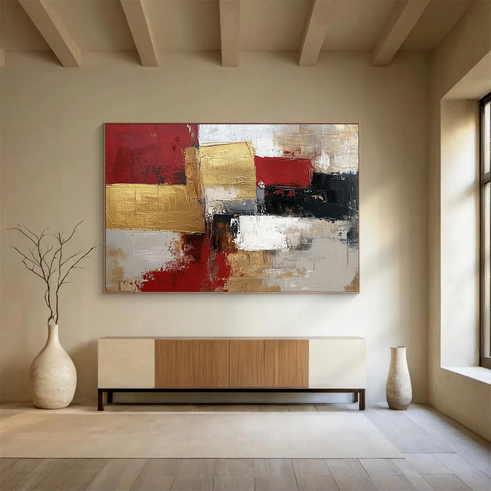 “Gilded Geometry” - Red, Gold, Gray, Textured Squares - Modernist Acrylic Painting with Gold Accents HB1541