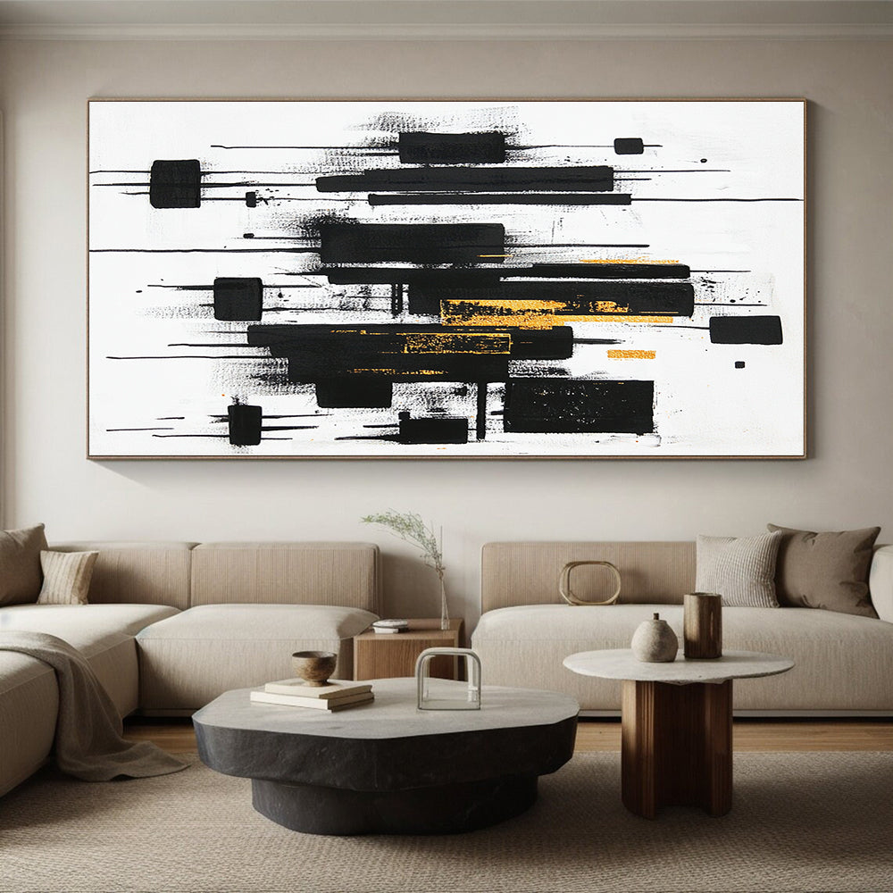 Black, White, Gold and Gray Abstract "Vertical Dynamics" Painting On Canvas HB405