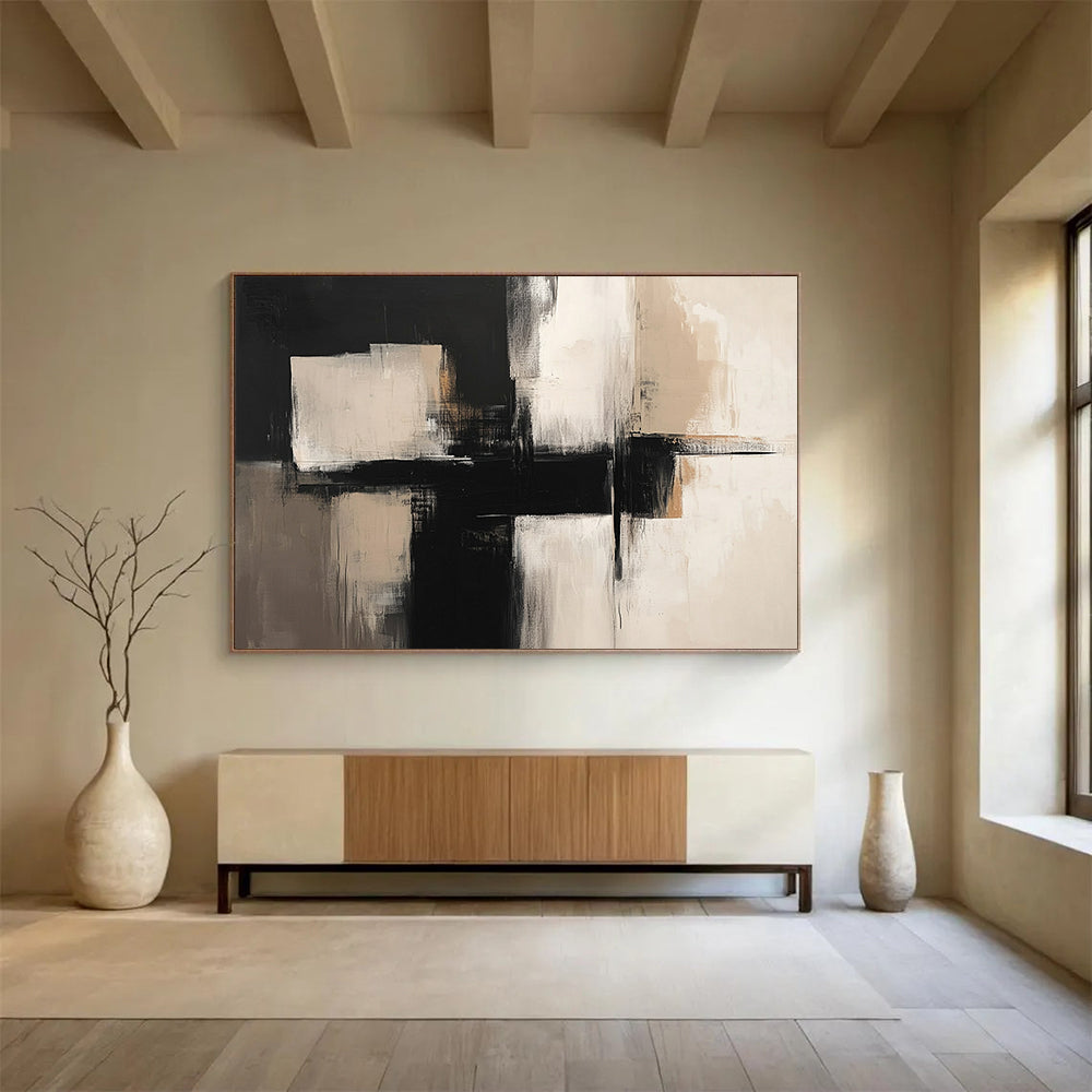 “Monochrome Geometry” - Black, White, Beige, Abstract Forms - Minimalist Acrylic Painting HB1517