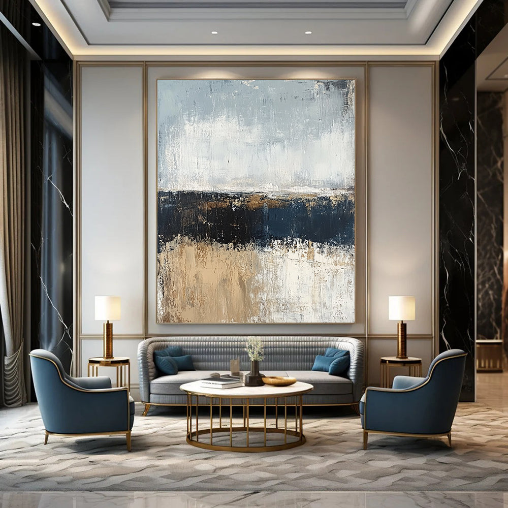 Contemporary hand-painted abstract artwork featuring a serene ocean shore in muted gray and blue tones with a neutral palette of beige and brown in oil paint. DLZ0955