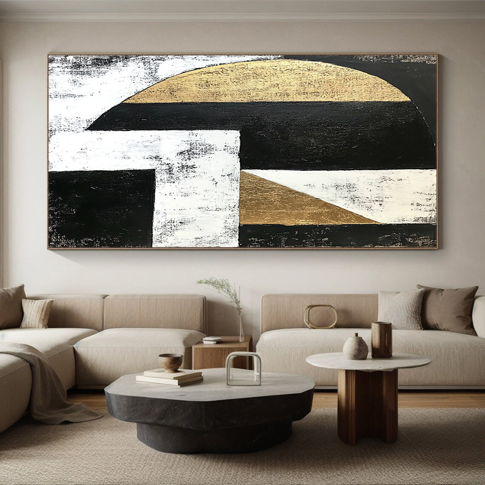 Black, White, Gray and Gold Geometric Abstraction "Subtle Harmony" Painting On Canvas HB378