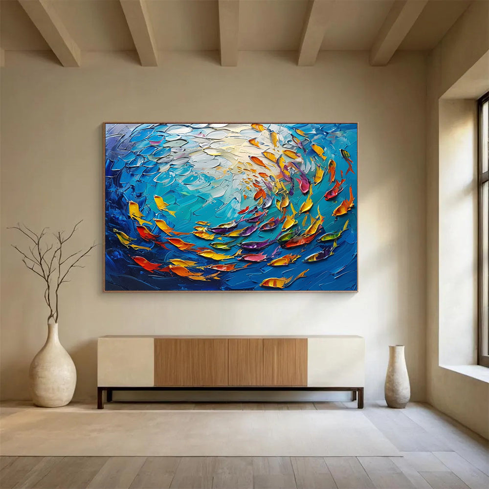 Textured Ocean Fish School - Coastal Living Room or Bathroom Art DLZ199