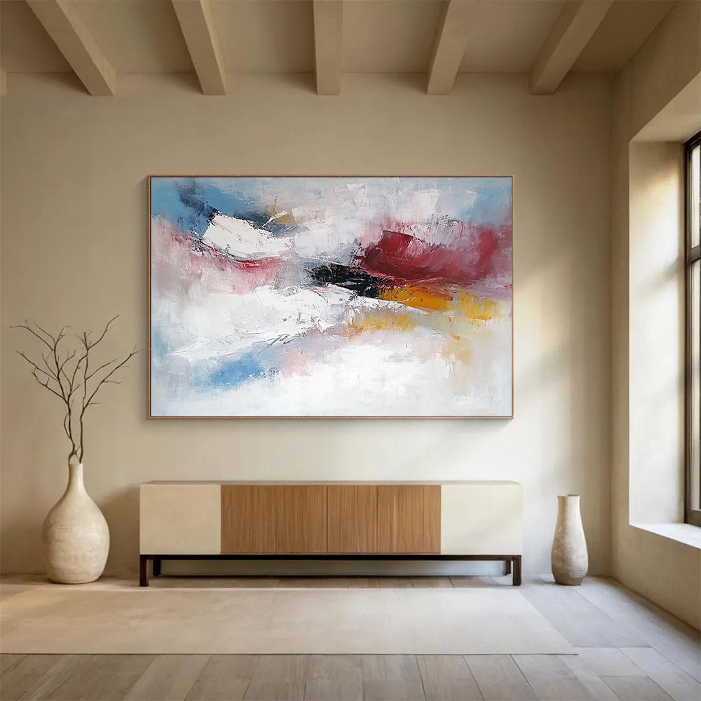 “Soft Abstraction” - Pink, white, blue, yellow; Gentle blended strokes evoke dreamy skies; Pastel Abstract Oil Painting On Canvas HB1170