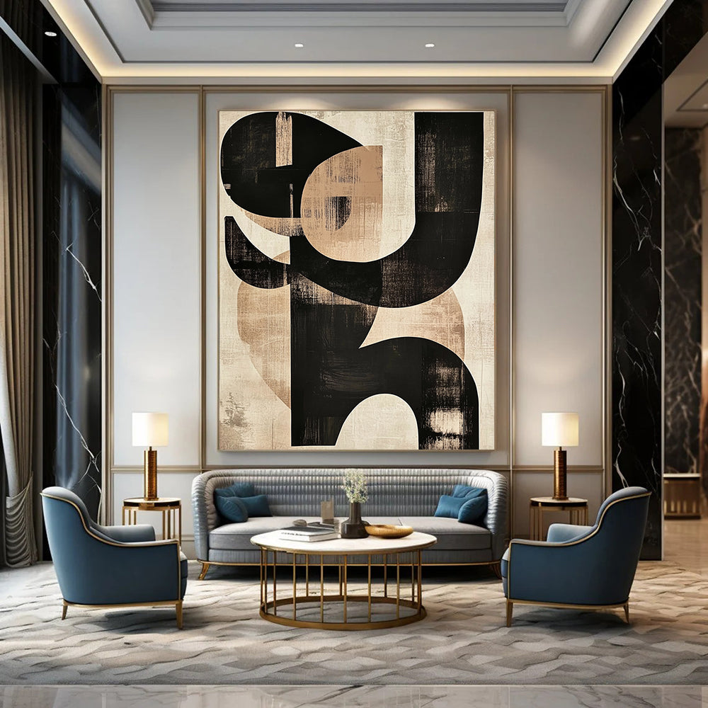 Large contemporary hand-painted abstract art featuring black and beige shapes with prominent S letters on textured paper. DLZ0295