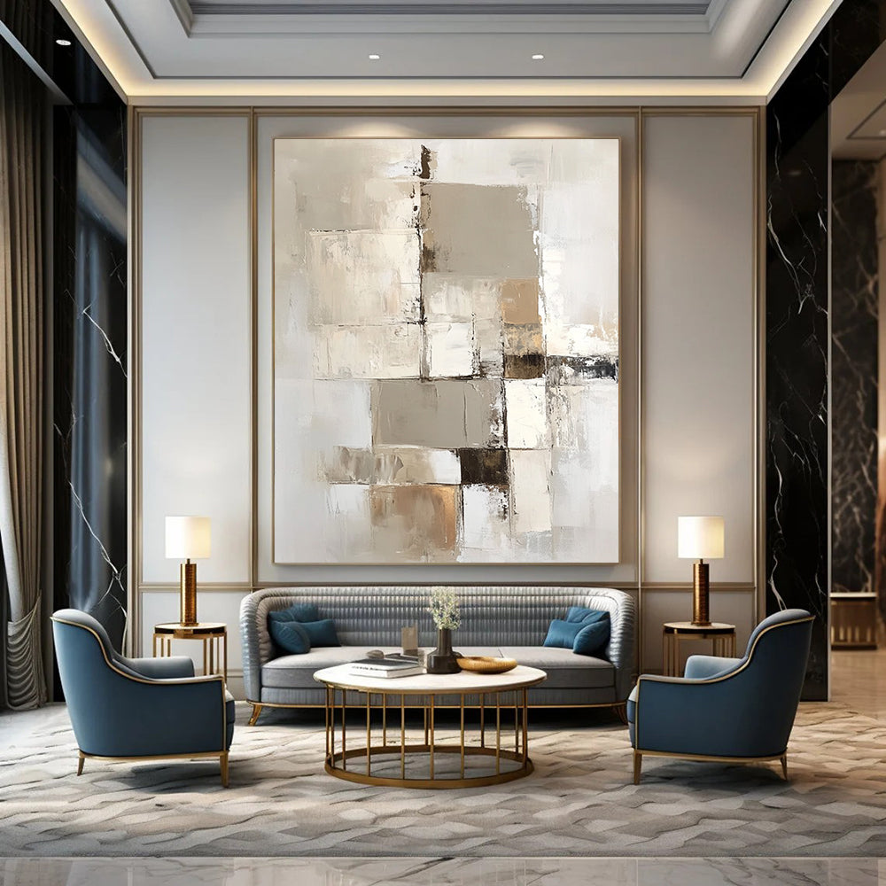 Large contemporary abstract painting with a beige and white palette showcasing geometric shapes and textures on a vertical canvas. DLZ0697