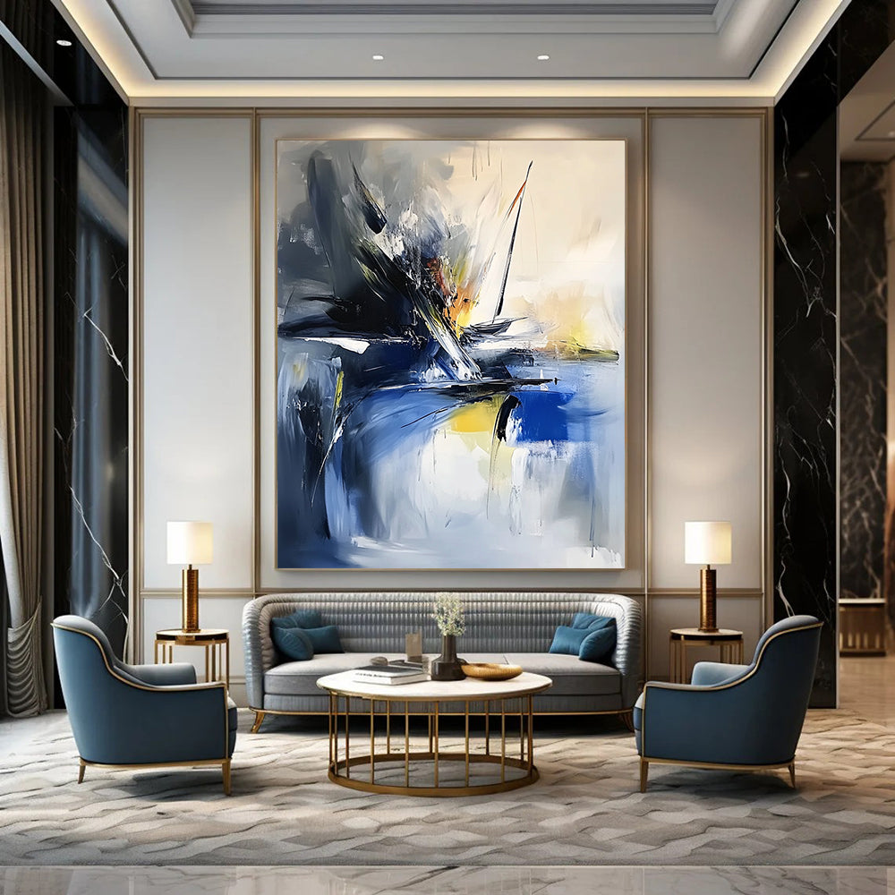 Modern abstract painting showcasing thick brush strokes and textured palette knife techniques in vibrant sea-inspired colors featuring a small sailboat in the corner. DLZ0957