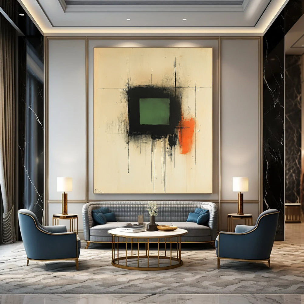 Contemporary abstract artwork features soft black ink lines with a central green square and warm strokes of brown and orange evoking serenity and contemplation. DLZ1465