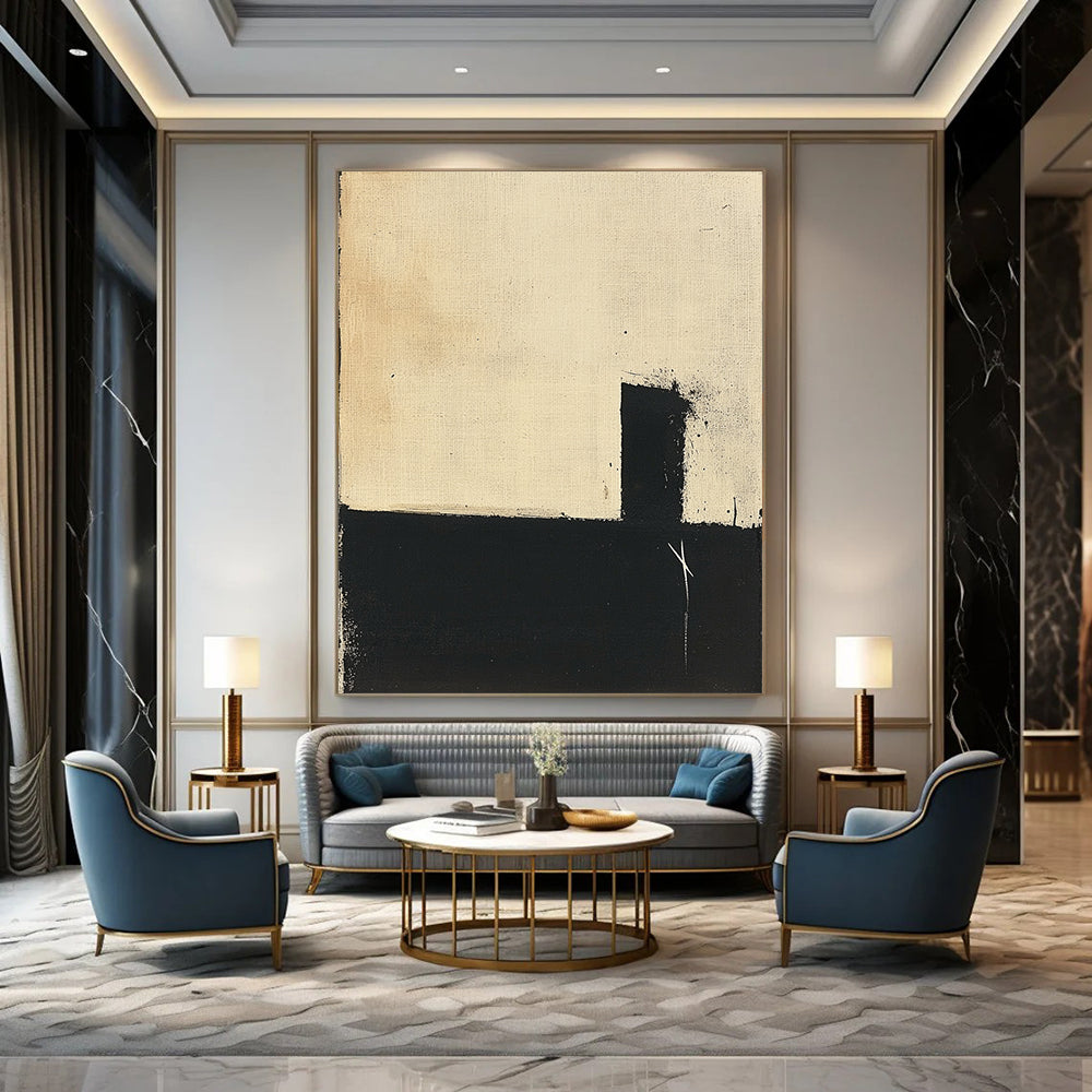 Contemporary hand-painted abstract art featuring a minimalistic black and beige palette with simple shapes and visible brush strokes on inked paper. DLZ0940
