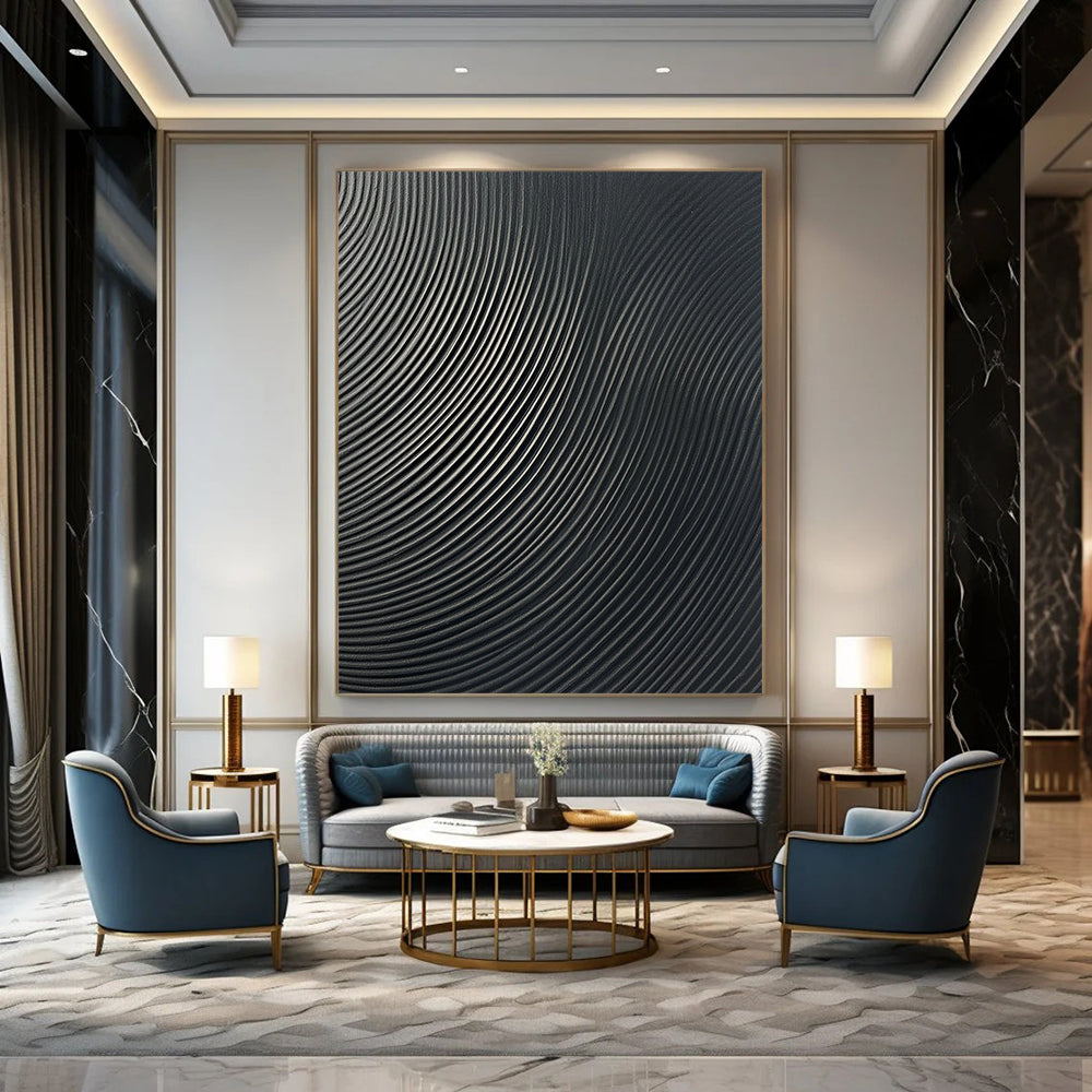 Contemporary abstract wall art features a glossy dark gray surface with sleek vertical lines creating an eye-catching wave pattern for any modern space. DLZ1149