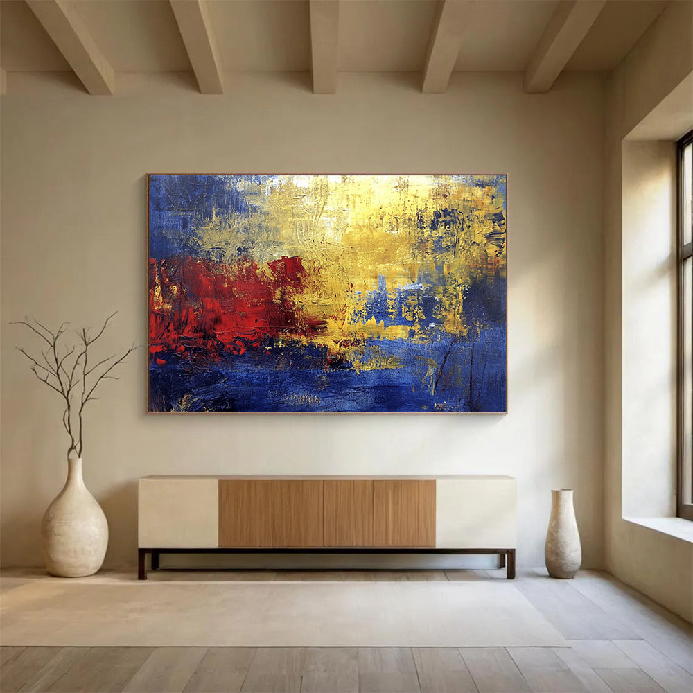 “Golden Red Abstract” - Blue, Gold, Red, Textured Color Blocks Painting On Canvas HB0945