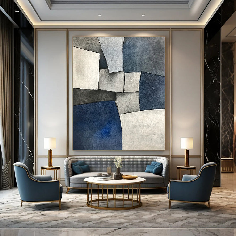 Contemporary abstract painting features deconstructed tailoring in gray blue and white shapes inspired by cubism with a low-angle perspective and subtle tonal values. DLZ0813