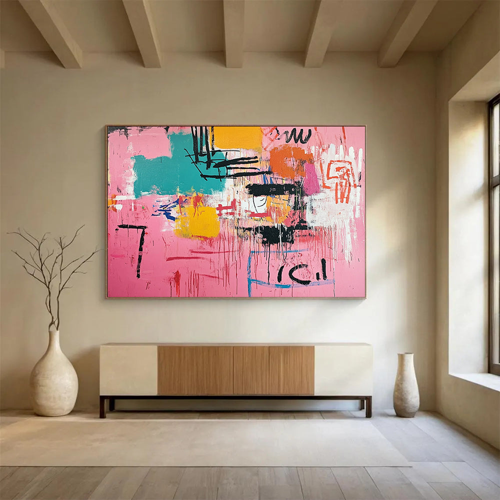 “Pink Abstract with Drips” - Pink, Colorful Shapes, Black Drips, Text - Painting On Canvas HB1434