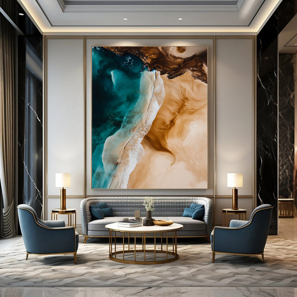 Contemporary hand-painted abstract art featuring ocean waves and sandy beaches in light brown and blue hues, capturing natural beauty and serene tones. DLZ1484