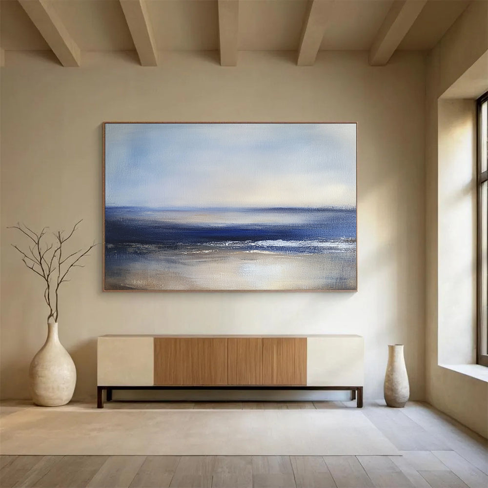 “Serene Blue - Gray Seaside” - Blue, Gray, Calm Sea Painting On Canvas HB0787