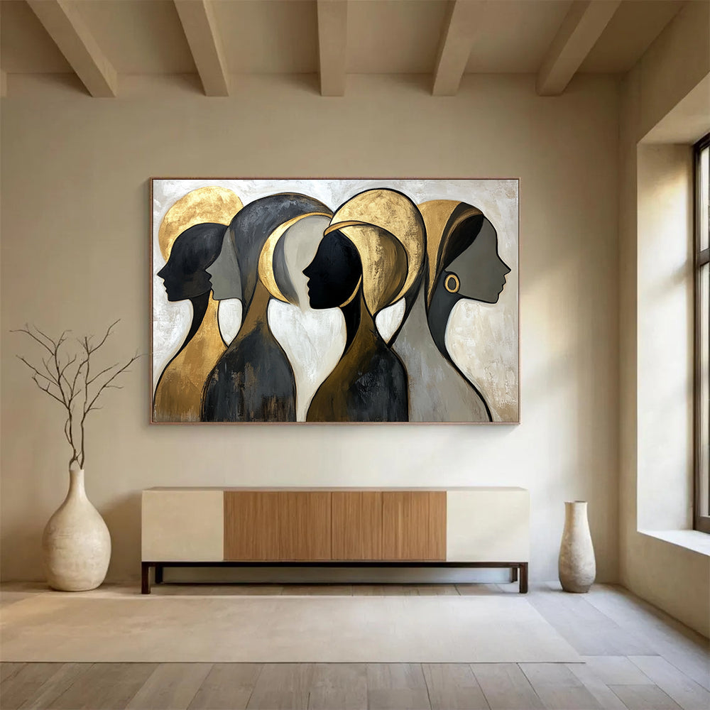 “Golden Silhouettes” - Black, Gold, Gray, Abstract Profiles - Stylized Acrylic Painting HB1514
