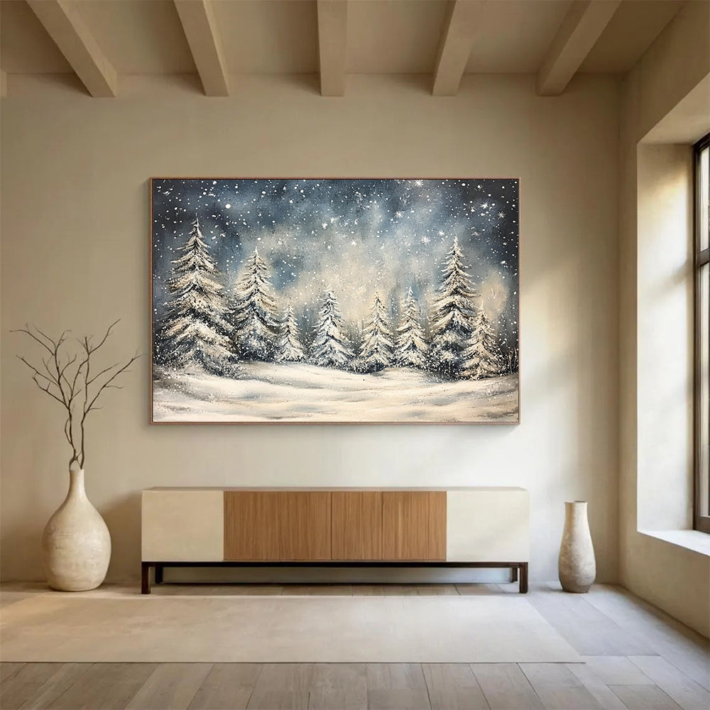 “Snowy Forest Night” - Blue, White, Snowy Trees, Landscape Painting On Canvas HB0777
