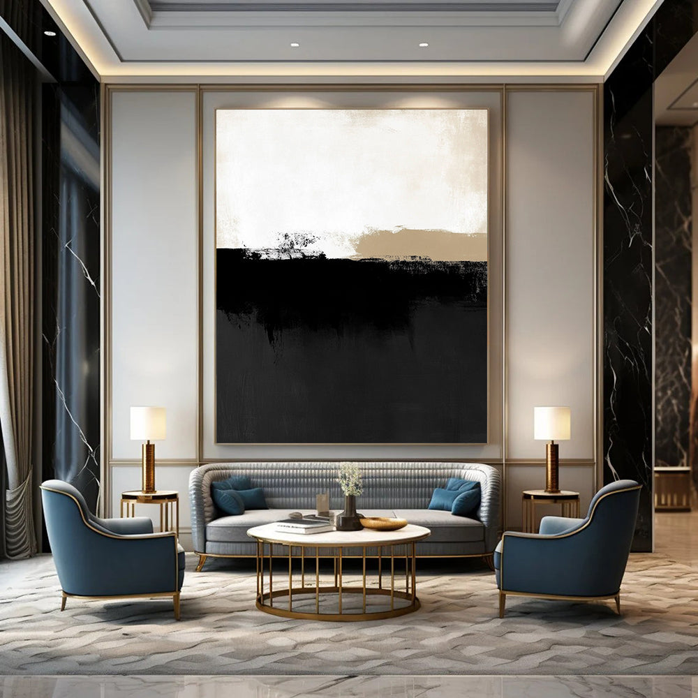 Contemporary abstract art features a minimalist black and white landscape with subtle shapes, showcasing neutral tones and low contrast. DLZ1612