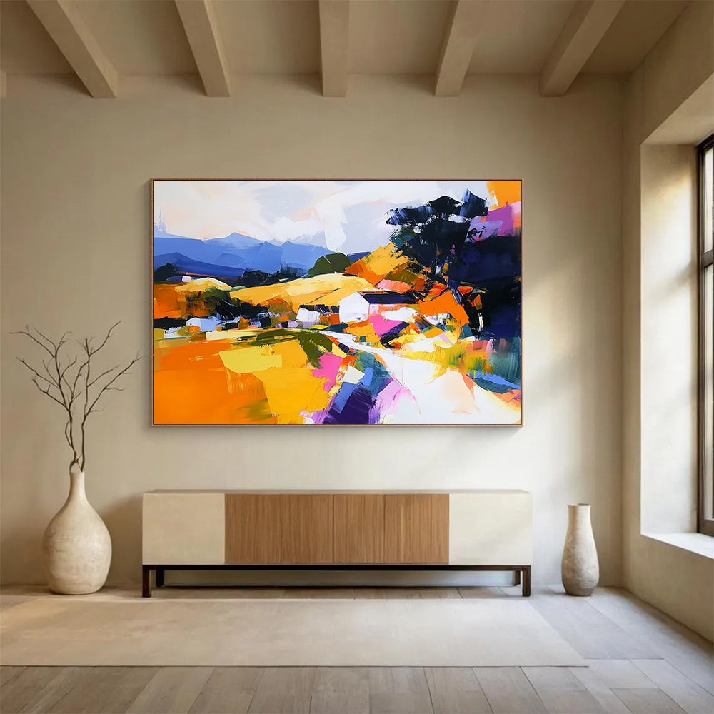 “Colorful Abstract Village” - Orange, Yellow, Pink, Purple, Abstract Village Landscape Painting On Canvas HB1115