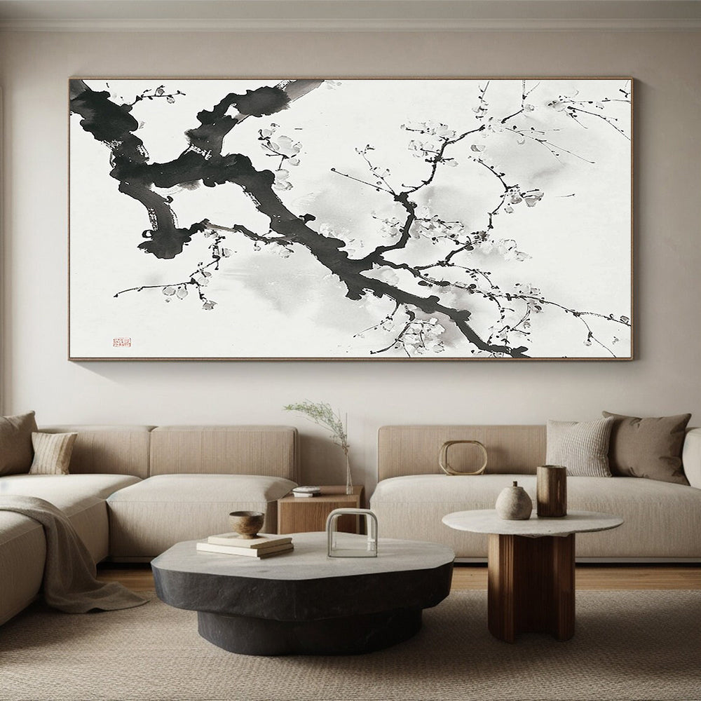 Black and White Ink - style Plum Blossom "Serene Bloom" Painting On Canvas HB322