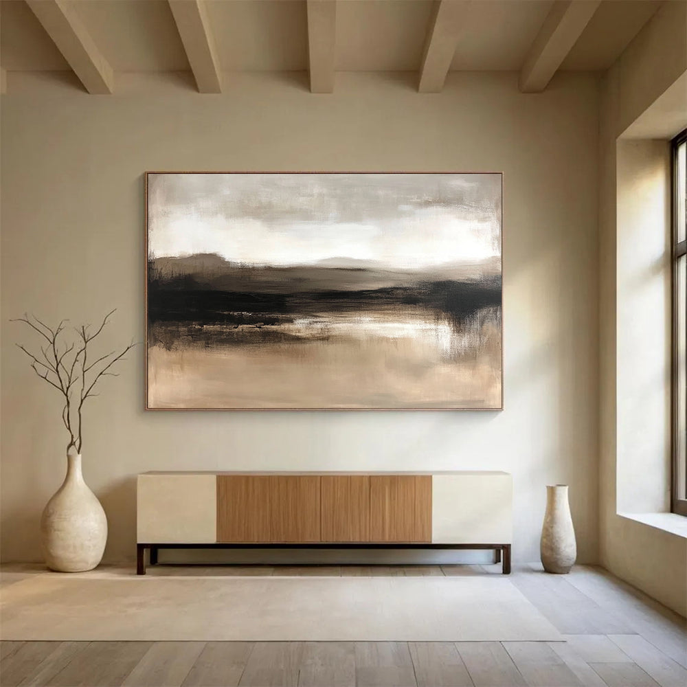 “Misty Earth Tones” - Warm Browns and Muted Grays, Hazy Landscape with Water Reflection Painting On Canvas HB0907