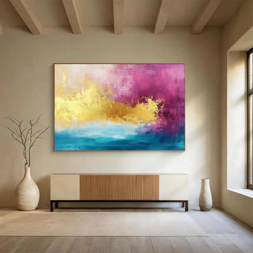 “Pink, Gold, and Blue Abstract” - Pink, Gold, Blue, Bold Color Blocks Painting On Canvas HB0883