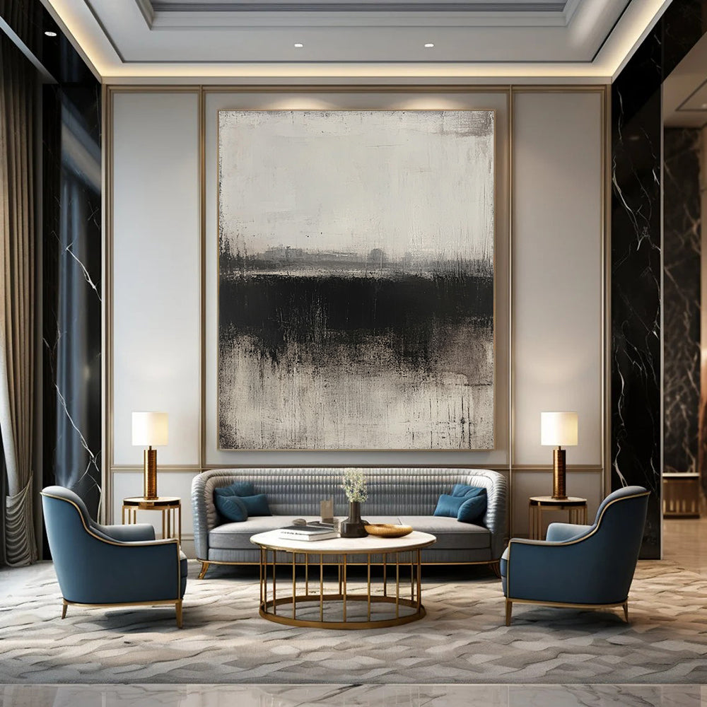 Contemporary hand-painted abstract artwork featuring a grey and black palette soft textures and a faint urban landscape in a minimalist style. DLZ0710