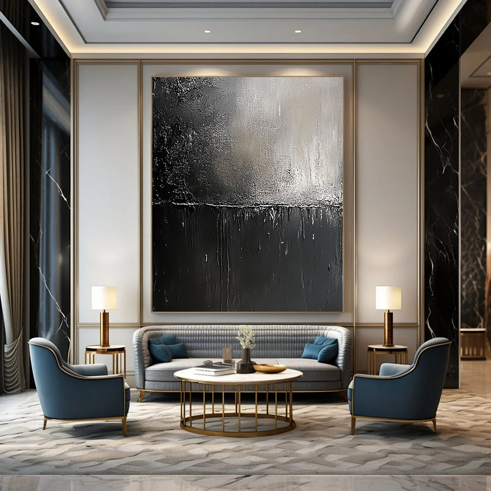 Contemporary abstract painting featuring black and gray metallic textures with visible brush strokes and a hint of light symbolizing hope and renewal. DLZ0319