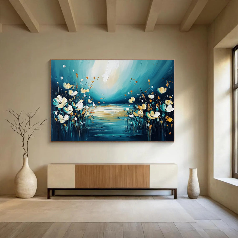 “Dreamy Floral River Abstract” - Teal, Yellow, White with Flowers and River - Painting On Canvas HB1399