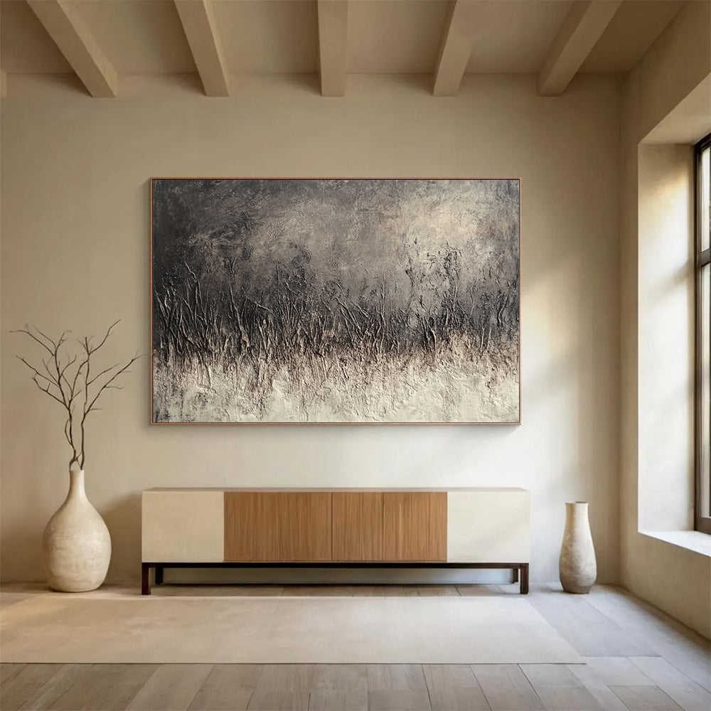“Textured Gray Field” - Dark gray texture, grass - like forms, Textural Abstract Painting On Canvas HB0557
