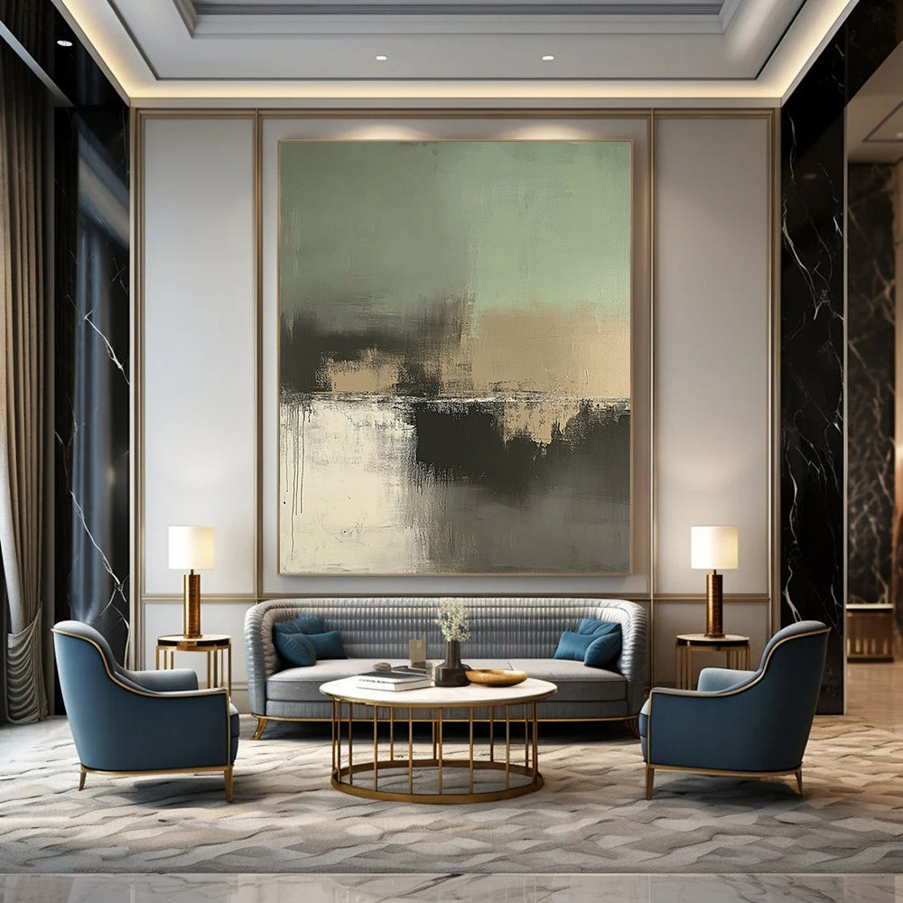 Large contemporary hand-painted abstract artwork featuring soft sage green, beige, and gray tones for a serene and sophisticated aesthetic. DLZ0442