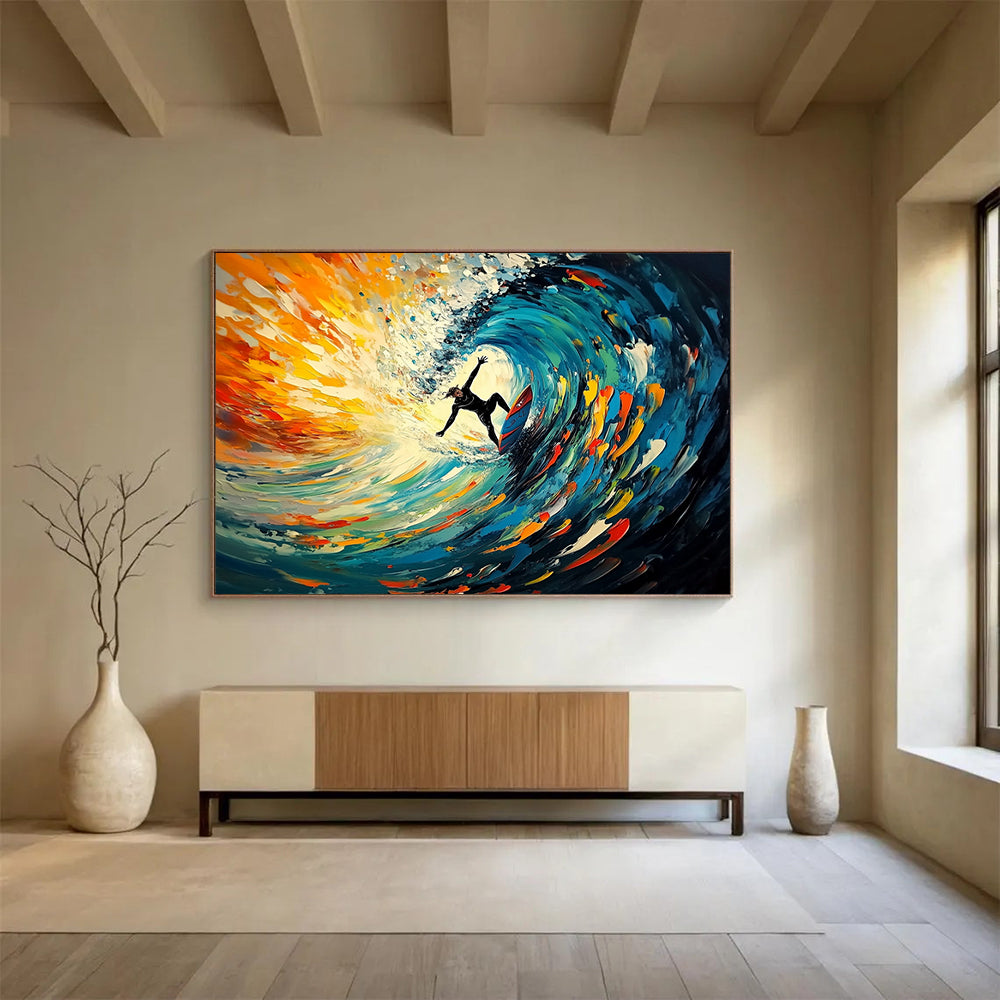 “Surfing The Color Wave” - Blue, Orange, Surfing Oil Painting On Canvas HB0722