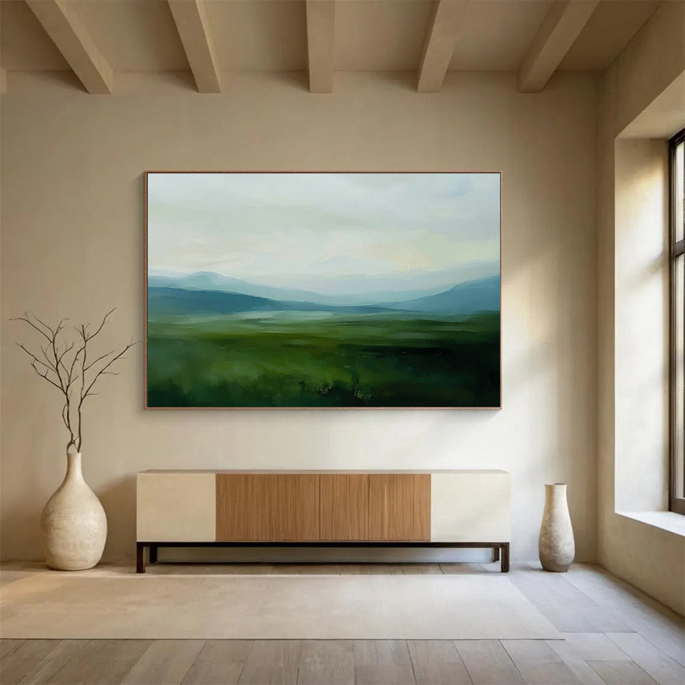“Misty Green Valley” - Greens, Blues, Greys, Valley Landscape - Impressionist Oil Painting HB1576