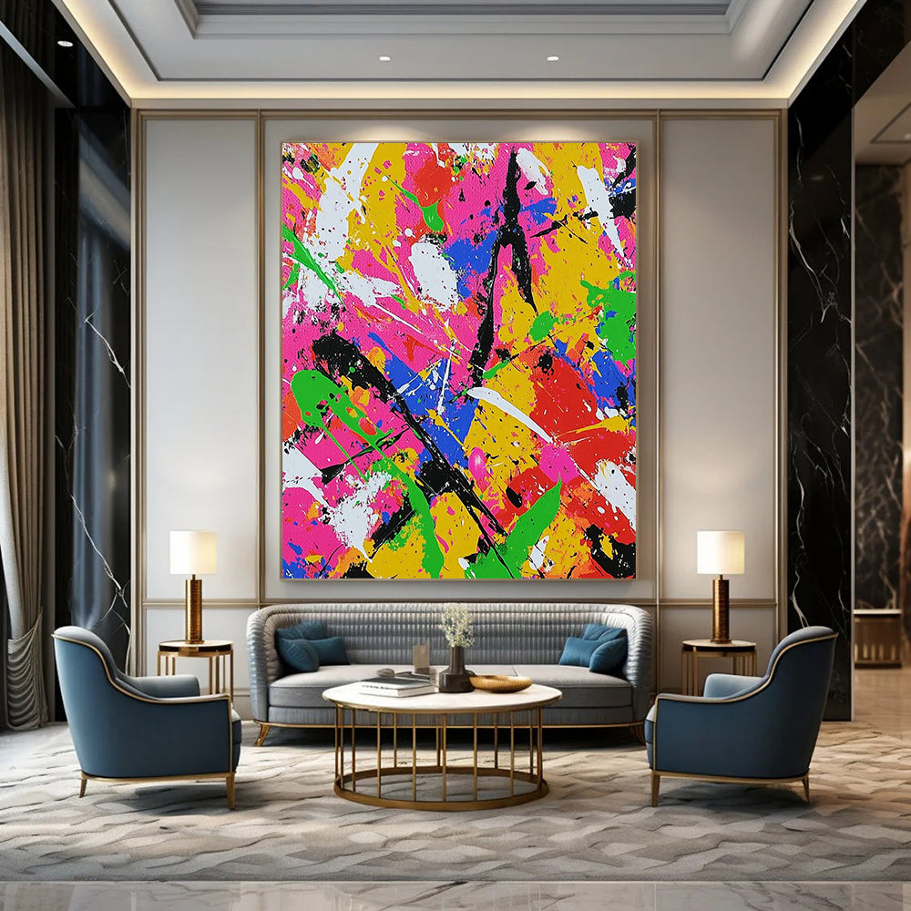 Dynamic contemporary abstract art featuring chaotic splatter in neon colors with bold brushstrokes evokes joy and energy for vibrant spaces. DLZ1256