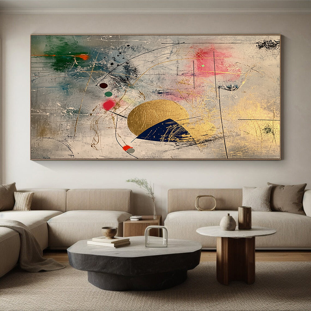 Gray, Gold, Pink, Blue, Abstract Shapes "Whimsical Fusion" Abstract Painting On Canvas HB032
