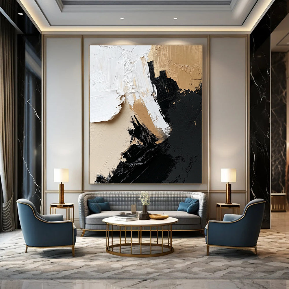 Large contemporary hand-painted abstract artwork featuring dynamic black, white, and beige textures for a striking wall display. DLZ0322