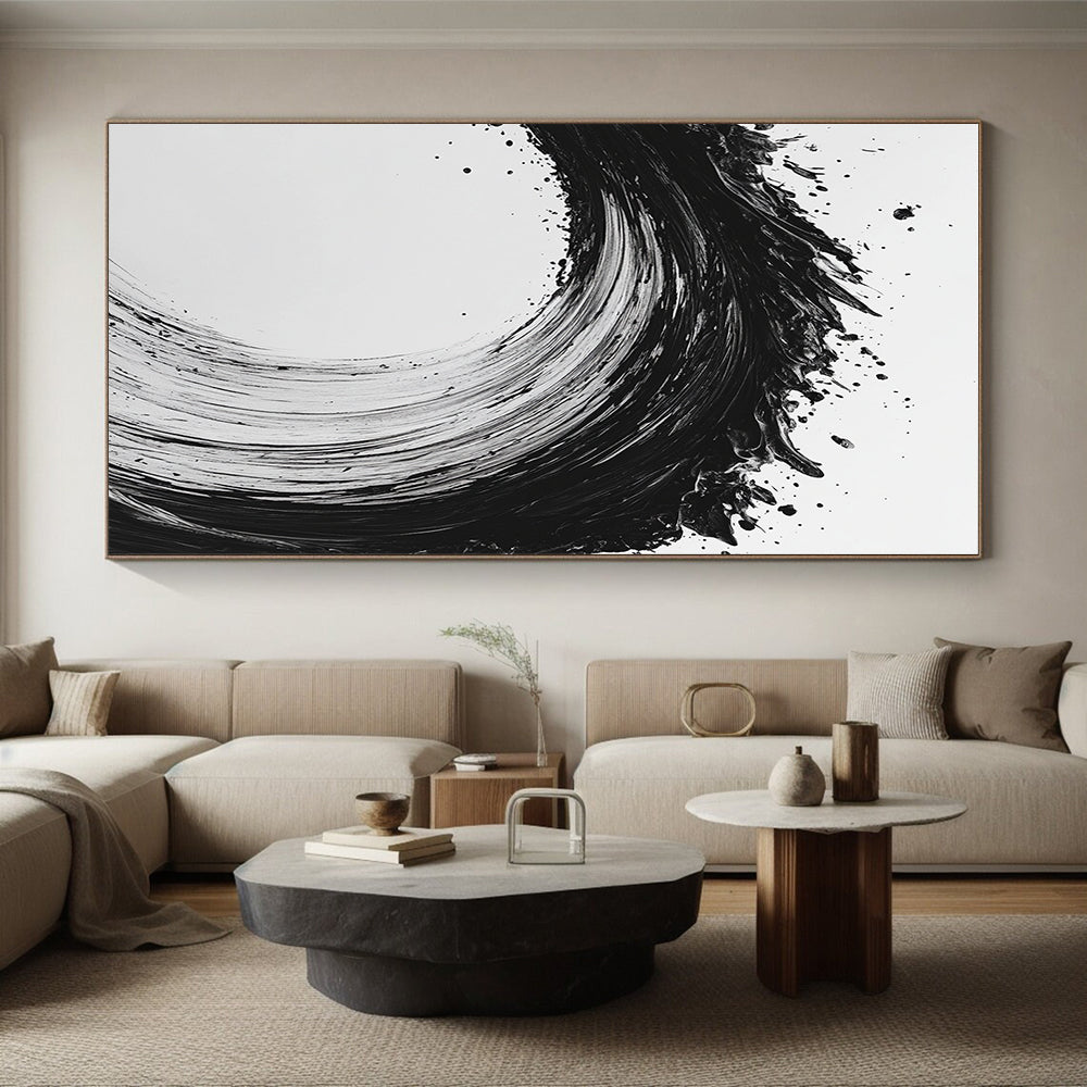 Black and White Dynamic Wave "Energetic Surge" Painting On Canvas HB282