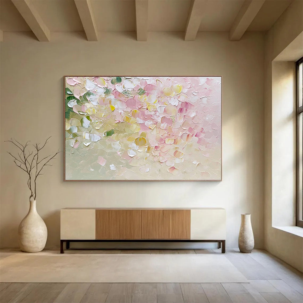 “Pastel Petals” - Delicate pinks, whites, greens, yellows; Textured flower petals; Impasto Floral Painting On Canvas HB1151