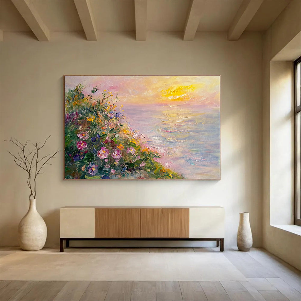“Seaside Floral Sunset” - Pink, Yellow, Floral & Sea Oil Painting On Canvas HB0716