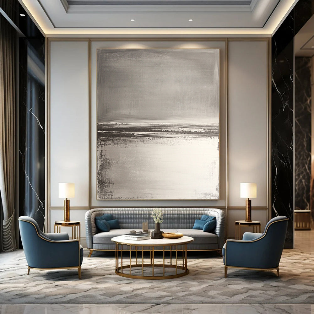 Contemporary hand-painted abstract artwork features neutral tones with gray and white, textured water reflections, and soft brush strokes for a serene beach landscape. DLZ0390
