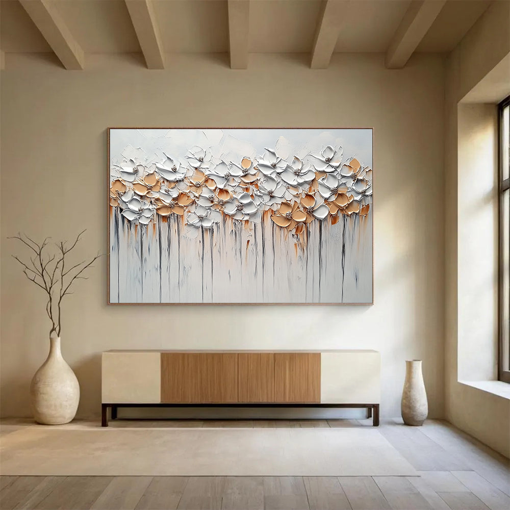 “White - Gold Floral Drip” - White, Gold, Beige with Flower Row - 3D Impasto Painting HB1350