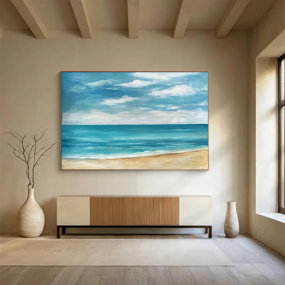 “Simple Coastal View” - Blues, Whites, Browns, Minimalist Beach - Acrylic Painting HB1602
