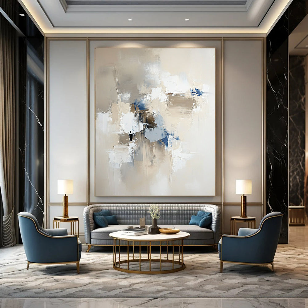 Contemporary abstract painting in neutral tones with blue and gray accents featuring bold brush strokes and soft edges for a modern aesthetic. DLZ0562