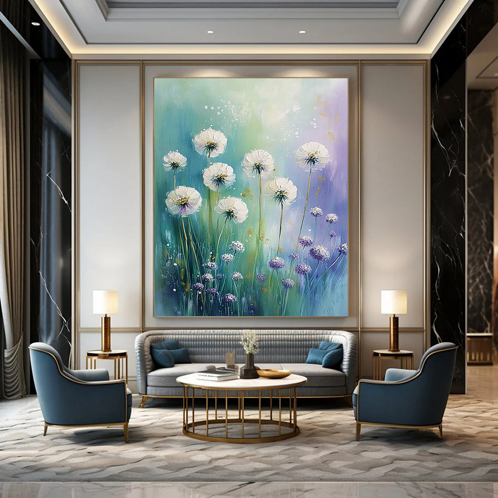 Contemporary abstract painting featuring white flowers, dandelions, and alliums in pastel hues against a green blue purple sky with gold accents. DLZ0821