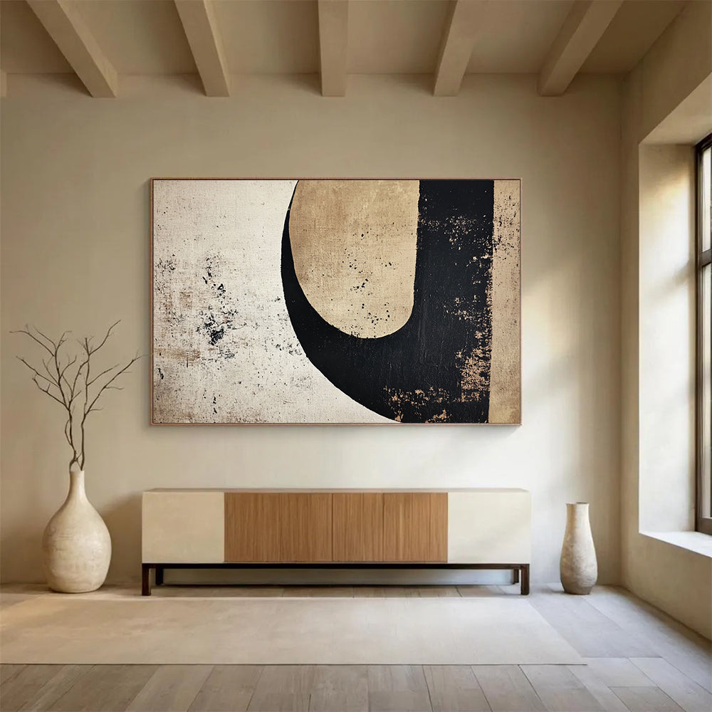 Neutral Tones with Black and Beige Shapes - Minimalist Abstract Painting On Canvas HB0492