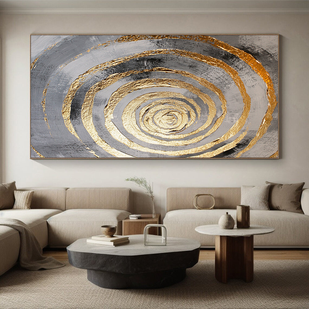 Black, Gray and Gold Concentric Circles with Drips "Dynamic Dripping Vortex" Painting On Canvas HB383