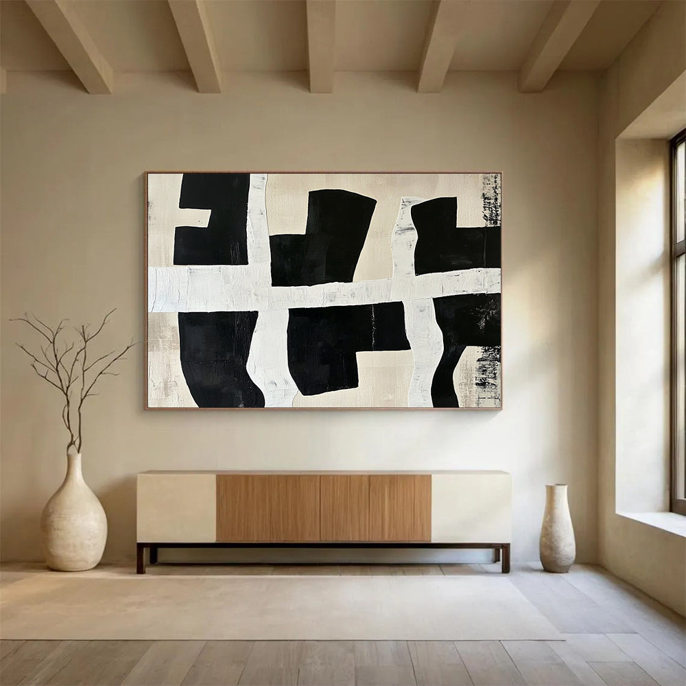 “Black - White Grid Shapes” - Black, white, beige, Abstract Geometric Painting HB0640